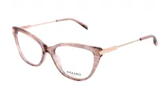 Armazón para lentes de acetato color rosa con forma de ojo de gato y detalles dorados en las patillas. Marca Azzaro, modelo 30389.