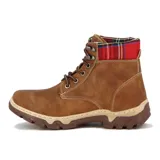 Botas acordonadas color marrón claro con interior de tela escocesa roja y azul.
