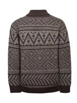 Cardigan de punto con cuello tipo chal y cierre frontal de botones. Presenta un diseño estampado con patrones geométricos inspirados en culturas ancestrales en tonos marrones y grises.