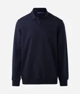 Buzo de algodón color azul marino, de manga larga y cuello polo con botones. Presenta puños y bajo ajustados.