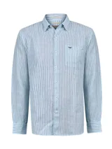 Camisa de manga larga de lino color celeste con diseño de rayas verticales finas, cuello camisero, bolsillo frontal en el pecho con detalle bordado y cierre central de botones.