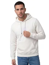 Buzo con capucha y bolsillo canguro marca Cat, color blanco, con logotipo bordado en el pecho y puños y banda inferior de punto elástico.