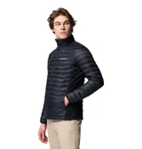 Campera puffer híbrida Columbia modelo Powder Pass Hybrid, color negro, con diseño acolchado en el frente y la espalda, y paneles laterales elásticos. Cuenta con cuello alto, cierre frontal completo y el logo de la marca bordado en el pecho.