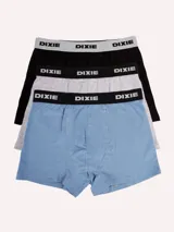Pack de tres calzoncillos tipo bóxer de algodón con cintura elástica con el logo de la marca impreso. Incluye uno negro, uno gris melange y uno celeste.