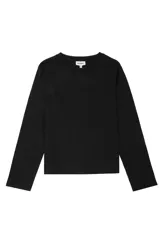 Remera básica negra de manga larga con cuello redondo y corte regular, confeccionada en tejido de punto liso de algodón.