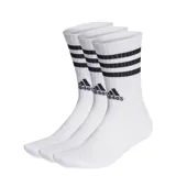 Pack de tres pares de medias Adidas de caña media, color blanco con las tres tiras características y logo de la marca en negro.