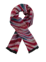 Bufanda de punto con diseño de patrones en zigzag multicolor en tonos rojo, bordó, azul, gris y lila, terminada con flecos negros en los extremos.