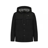 Campera negra de estilo casual con capucha, cierre frontal de botones a presión y bolsillos superiores con solapa. Presenta un forro interior a cuadros y un parche con el logo de la marca en el pecho.