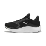 Championes de running y training Puma Softride Mayve 2 Wns, color negro con suela blanca amortiguada y detalle del logo de la marca plateado en el lateral.