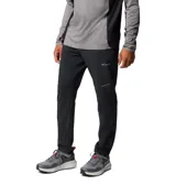 Pantalón Columbia Three Pitch Pant de color negro, diseñado para senderismo, con tecnología Omni-Shade UPF 50 y Omni-Shield que repele la humedad. Cuenta con cintura elástica con cordón interior, bolsillos para objetos pequeños, bolsillo de seguridad con cremallera, rodillas articuladas, cremalleras en las piernas y detalles reflectantes.