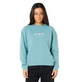 Buzo de cuello redondo color celeste, con calce relajado y estampa pequeña central en el pecho con motivos de olas y flores.