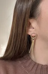 Set de accesorios compuesto por un sobre organizador de gamuza color marrón, un collar de cadena dorada, dos pares de caravanas colgantes y un prendedor, todos en metal dorado.