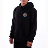 Canguro negro con capucha y bolsillo frontal tipo canguro. Presenta un estampado circular en el pecho con el logo de Santa Cruz en tipografía naranja con efecto de goteo sobre un fondo azul.