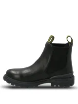 Bota tipo Chelsea de Hush Puppies, confeccionada en cuero negro con paneles elásticos laterales y tiradores superiores con diseño gráfico en amarillo y negro. Presenta una suela de goma robusta con tecnología Fusion de doble densidad para mayor absorción de impactos y tracción.
