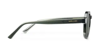 Lentes de sol redondos con detalles geométricos, montura verde oliva y varilla metálica. Lentes polarizadas verdes con protección UV400.