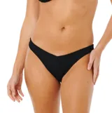 Bombacha de bikini Rip Curl modelo Vibe Surf High Cheeky, color negro con textura acanalada y diseño cavado en V.