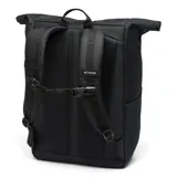 Mochila Columbia modelo Convey III 27L Omni-Shield de color negro, con diseño de cierre enrollable y correas ajustables. Cuenta con un bolsillo frontal con cierre vertical, bolsillos laterales para botellas y el logo de la marca estampado en el lateral frontal.