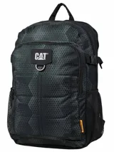 Mochila Caterpillar Barry de color negro con estampado geométrico sutil, compartimento principal amplio, bolsillo frontal con organizador y logo de la marca, compartimento acolchado para laptop, bolsillos laterales de red y correas ajustables.