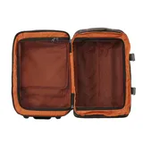 Bolso de viaje Rip Curl modelo F-Light Transit con capacidad de 45 litros. Es una maleta de mano con ruedas y asa retráctil, color marrón con textura de rombos. Presenta múltiples bolsillos frontales y correas de compresión laterales.