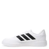 Championes urbanos Adidas modelo Courtblock para hombre, color blanco con las icónicas tres tiras laterales en negro. Confeccionados en material sintético imitación cuero con puntera perforada para mayor ventilación y suela de goma blanca.