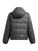 Campera puffer Under Armour con capucha, confeccionada en nailon resistente con tecnología repelente al agua. Presenta aislamiento sintético, cierre frontal completo, bolsillos laterales y puños elásticos.