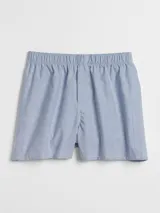 Calzoncillo tipo bóxer de tela Oxford, color celeste, con cintura elástica y bragueta frontal.