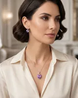 Collar de plata con cadena fina y dije en forma de corazón de cristal violeta tornasolado. Incluye aros haciendo juego con el mismo diseño de corazón.