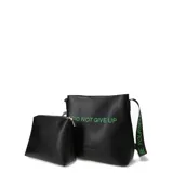 Cartera tipo tote bag color negro con correa de hombro de tela con la frase "Be Yourself" estampada en verde. En el frente tiene la frase "Do Not Give Up" también en verde.