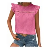 Blusa de tela broderie color negro, con cuello redondo, mangas cortas con volados y detalle de calado horizontal en la parte superior del pecho.