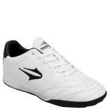 Championes de fútbol sala Topper modelo San Ciro V IN, color blanco con detalles en negro. Presentan un diseño con costuras reforzadas en la puntera para mayor control del balón, cierre con cordones y suela de goma antideslizante diseñada para superficies de interior.