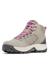 Botas de trekking Columbia Transverse Hike, modelo impermeable, en color gris con cordones rosados y detalles en negro y blanco. Confeccionadas con una parte superior de cuero y malla, entresuela TechLite y suela Omni-Grip.