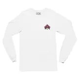 Remera de manga larga color blanco, con cuello redondo y estampa pequeña en el pecho con el logo de la marca en tonos rosa y verde. Presenta un diseño minimalista y corte clásico.