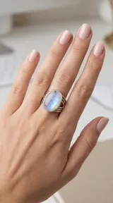 Anillo de plata 925 con diseño de banda ancha compuesta por múltiples hilos paralelos y una piedra de la luna natural en corte ovalado engastada en el centro.