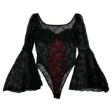 Body de encaje negro con paneles centrales en color bordó, mangas largas acampanadas y detalle de pequeña cruz metálica en el busto.