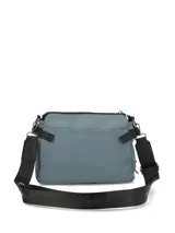 Morral bandolera Hush Puppies de color celeste, con múltiples compartimentos con cierre, correa ajustable negra y detalle de cordón rosado en el tirador.