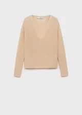 Jersey de punto fino con lúrex, color tostado, escote en V y mangas largas de corte recto.