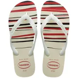 Ojotas Havaianas con base color crema con rayas horizontales rojas y negras, y tiras blancas con el logo de la marca en relieve.