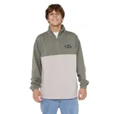 Buzo Rip Curl Heritage Oval 1/4 Zip Crew, de color verde y beige, con cuello alto y cierre de un cuarto. Presenta el logo de Rip Curl bordado en el pecho.