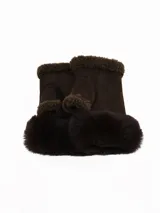 Mitones de gamuza color marrón oscuro, sin dedos, con interior y bordes forrados en piel sintética del mismo tono.