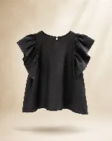Blusa de lino color bordó, con cuello redondo y mangas cortas amplias con volados.