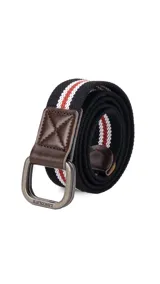 Cinto de tela canvas azul marino con galón de rayas blancas y celestes, hebilla doble metálica color peltre y terminaciones en símil cuero marrón.