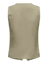 Chaleco sastrero color beige claro, de corte entallado, con escote en V y cierre frontal de botones. Presenta bolsillos falsos ribeteados en la parte delantera.