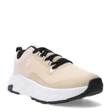 Championes deportivos de mujer, modelo Tirol, en tonos beige y rosado. Presentan un diseño de malla transpirable con refuerzos sintéticos, cordones negros y una suela blanca robusta con detalles en negro.