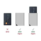 Billetera tipo tarjetero de cuero negro con caja de aluminio interna y sistema de deslizamiento para tarjetas. Cuenta con cierre mediante broche a presión.