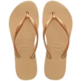 Ojotas Havaianas modelo Slim, color dorado, con tiras finas y suela con textura antideslizante.
