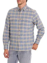 Camisa de franela a cuadros de manga larga RKF modelo Padua, confeccionada en algodón orgánico. Presenta cuello camisero, cierre frontal con botones de madera y dos bolsillos en el pecho con solapa y botón.