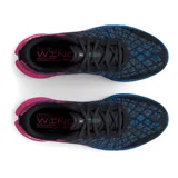 Championes de running Under Armour modelo Flow Velociti, con tecnología de amortiguación Flow de una sola pieza y parte superior Warp para mayor sujeción y transpirabilidad. Diseño multicolor con base negra, detalles en rosa y azul, y suela blanca texturizada.