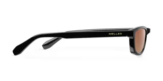 Lentes de sol unisex con montura rectangular negra y lentes marrones.
