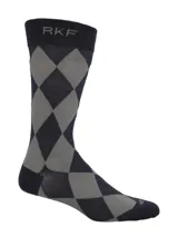 Medias de largo medio confeccionadas en fibra de bambú, con diseño de rombos en tonos azul y gris. Presentan el logo de la marca RKF en el puño superior y en la puntera.