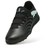 Championes de fútbol Puma Future 9 Play TT, color negro con detalles y logo en verde agua.